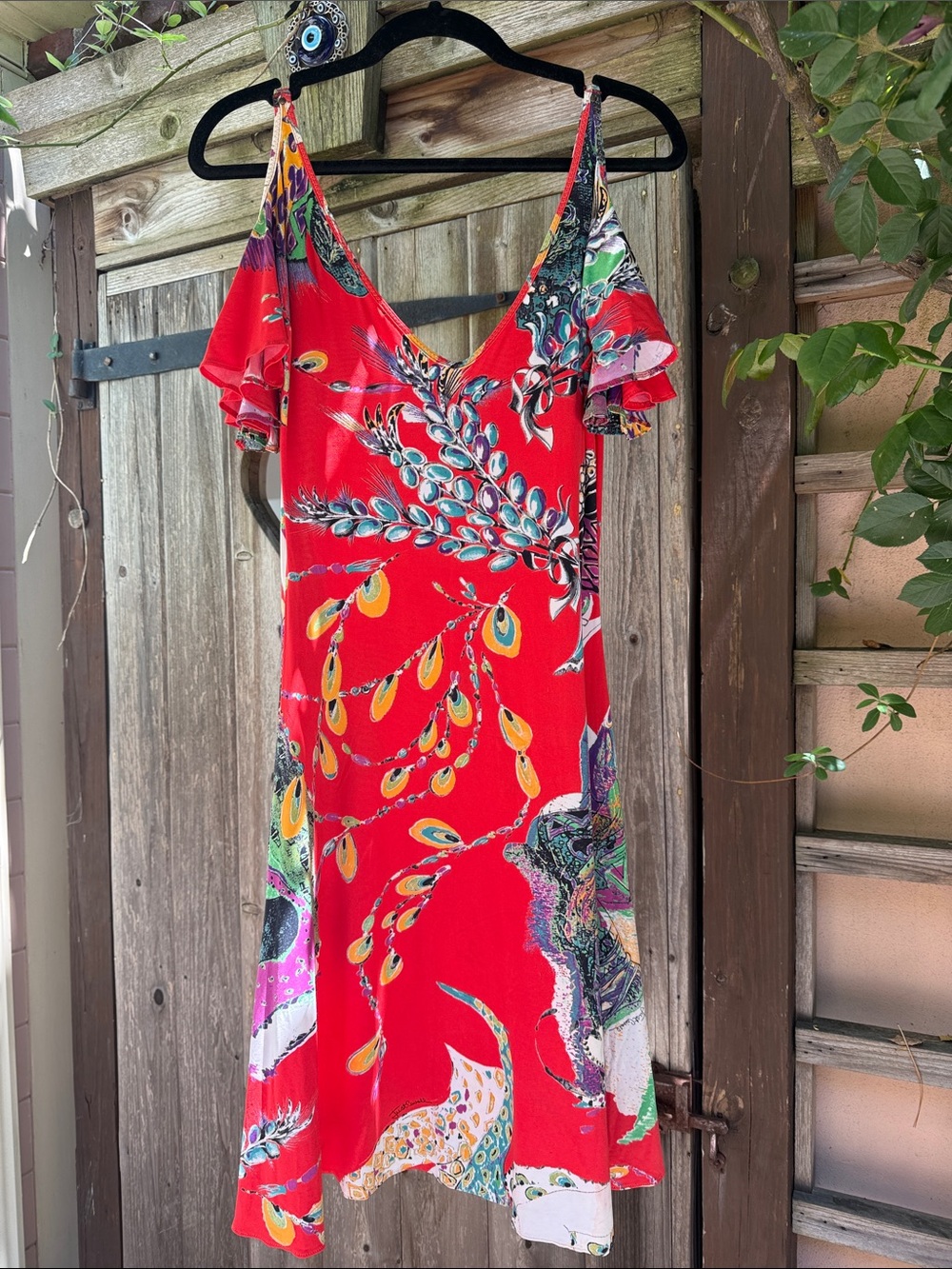 Just Cavalli Red Abstract Peacock Dress with Butterfly Sleeve early 2000s VTG